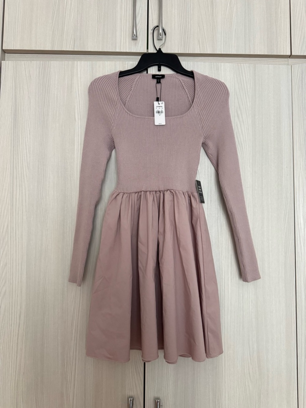 Express Ribbed Square Neck Poplin Mini Fit and Flare Dress - Picture 1 of 5